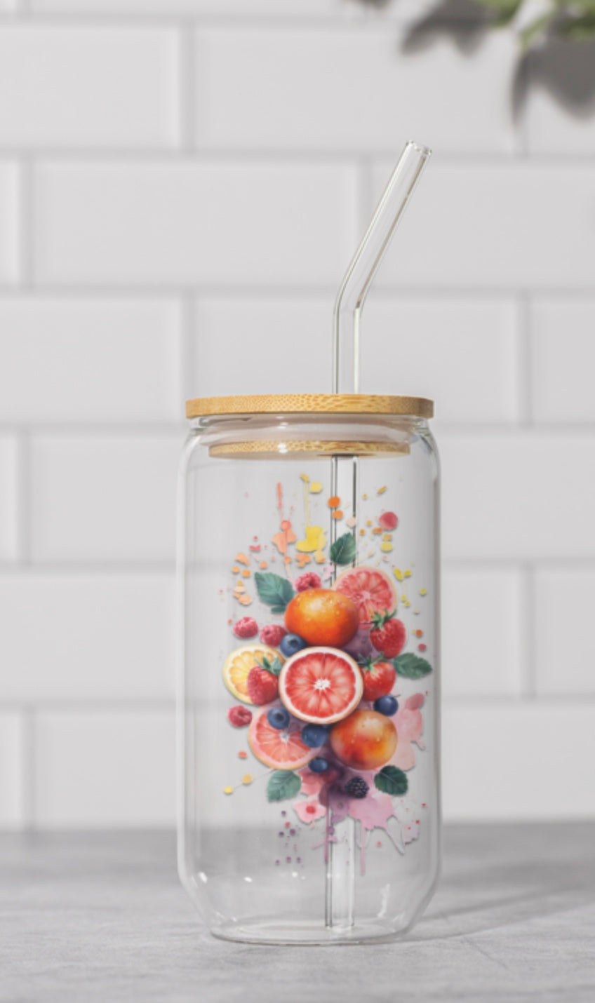 Floral Fruit Sipper Glass, 16 ounce sipper glassware, Fun and Colorful Floral Fruit 16 ounce glass, Gift For Her, Kitchen Decor