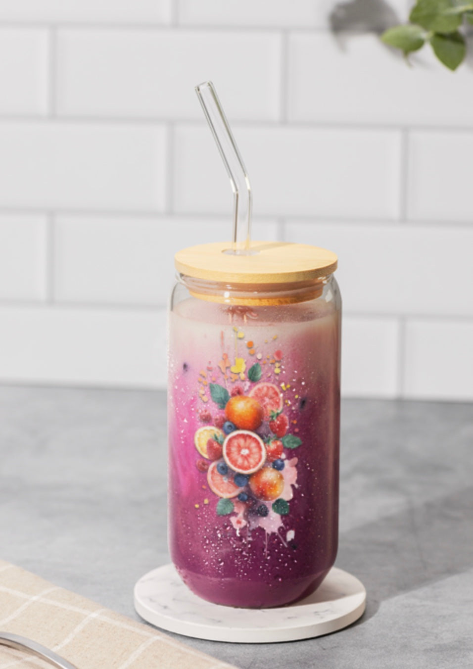 Floral Fruit Sipper Glass, 16 ounce sipper glassware, Fun and Colorful Floral Fruit 16 ounce glass, Gift For Her, Kitchen Decor