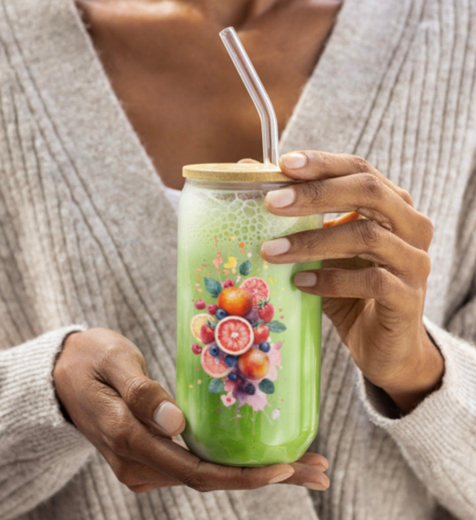 Floral Fruit Sipper Glass, 16 ounce sipper glassware, Fun and Colorful Floral Fruit 16 ounce glass, Gift For Her, Kitchen Decor
