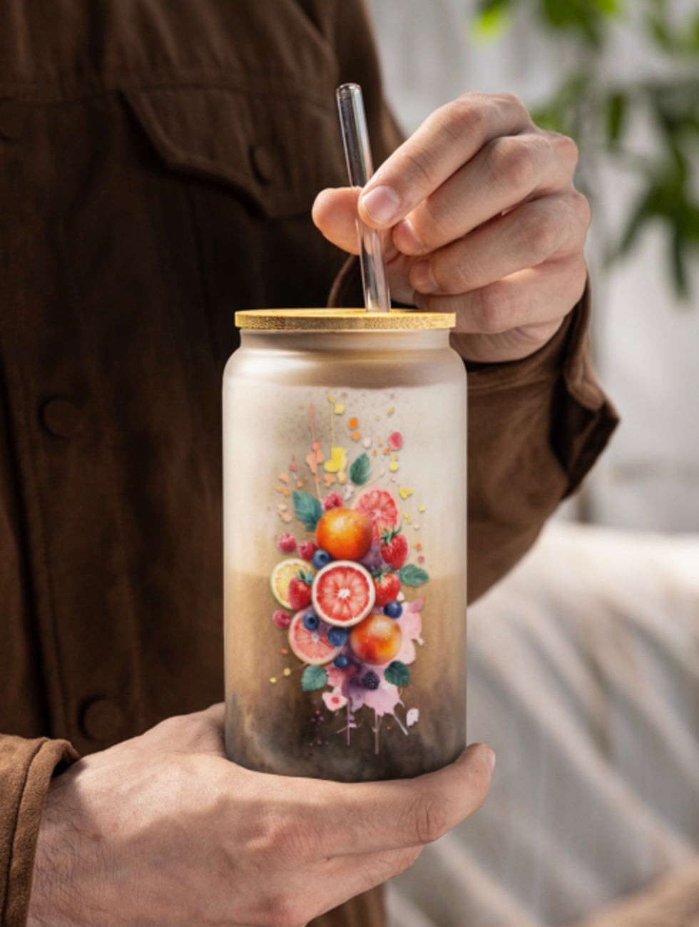 Floral Fruit Sipper Glass, 16 ounce sipper glassware, Fun and Colorful Floral Fruit 16 ounce glass, Gift For Her, Kitchen Decor