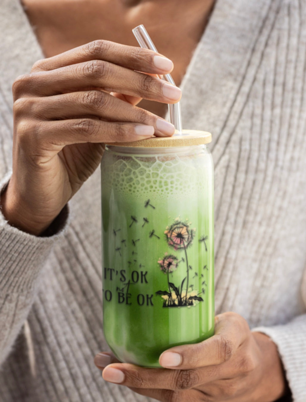 Inspirational Sipper Glass - 16oz "It's Okay to Be Okay", 16 ounce Sipper Glass, Gift For Her, Birthday Gift, Motivational Glass Cup