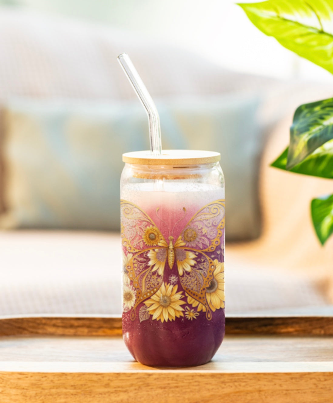 Butterfly Garden Sipper Glass - 16oz with Bamboo Lid, Gold Colored Butterfly with Flowers, Birthday Gift, Butterfly Gift, Butterfly Glassware