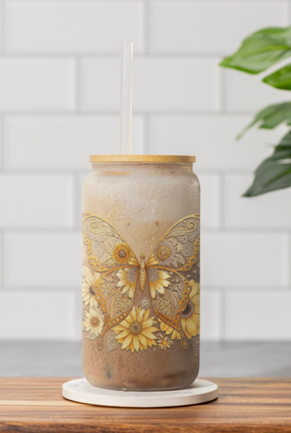 Butterfly Garden Sipper Glass - 16oz with Bamboo Lid, Gold Colored Butterfly with Flowers, Birthday Gift, Butterfly Gift, Butterfly Glassware
