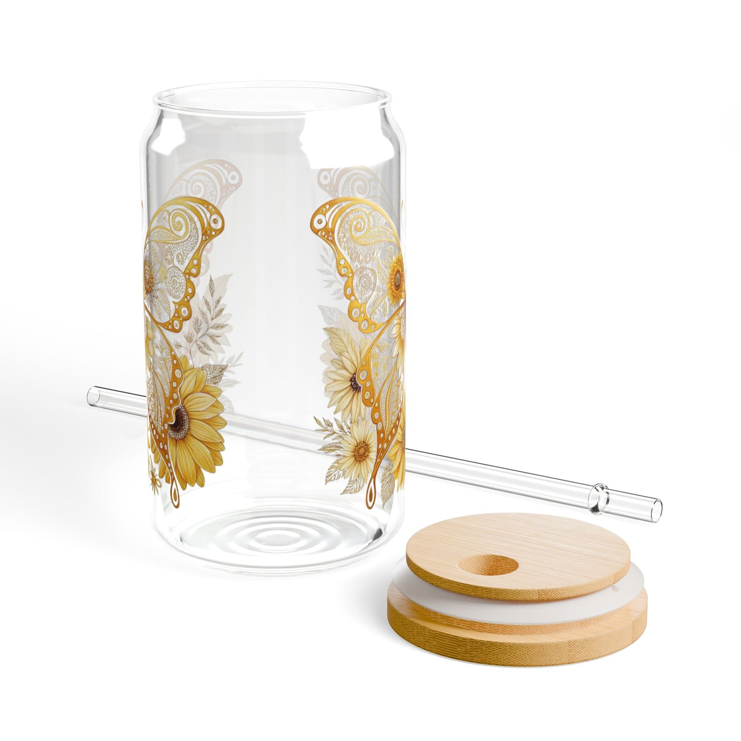 Butterfly Garden Sipper Glass - 16oz with Bamboo Lid, Gold Colored Butterfly with Flowers, Birthday Gift, Butterfly Gift, Butterfly Glassware