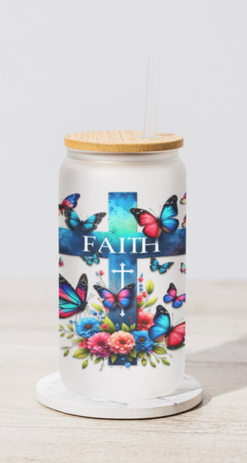 Faith With Cross and Butterflies Sipper Cup with Bamboo lid and Straw