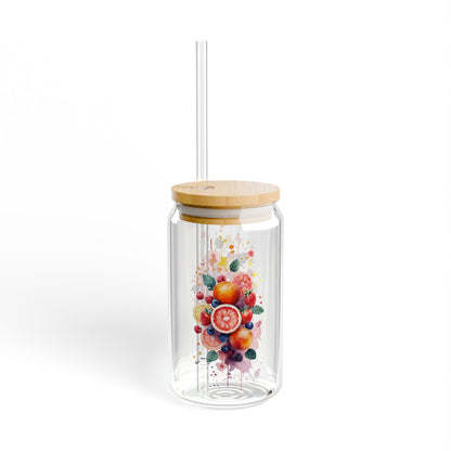 Floral Fruit Sipper Glass, 16 ounce sipper glassware, Fun and Colorful Floral Fruit 16 ounce glass, Gift For Her, Kitchen Decor