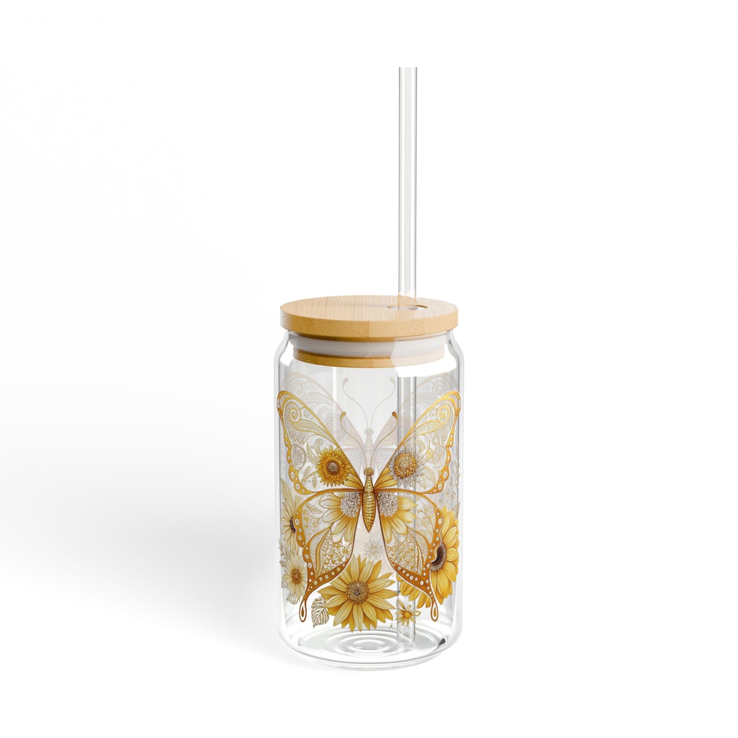 Butterfly Garden Sipper Glass - 16oz with Bamboo Lid, Gold Colored Butterfly with Flowers, Birthday Gift, Butterfly Gift, Butterfly Glassware