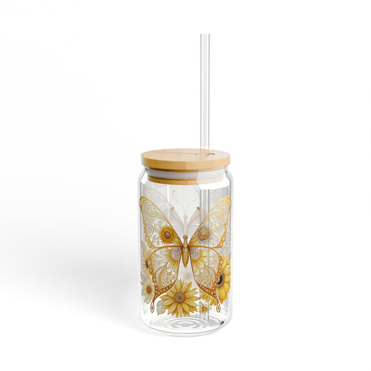 Butterfly Garden Sipper Glass - 16oz with Bamboo Lid, Gold Colored Butterfly with Flowers, Birthday Gift, Butterfly Gift, Butterfly Glassware