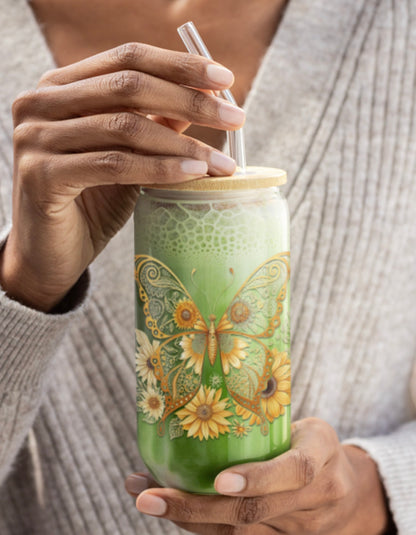 Butterfly Garden Sipper Glass - 16oz with Bamboo Lid, Gold Colored Butterfly with Flowers, Birthday Gift, Butterfly Gift, Butterfly Glassware