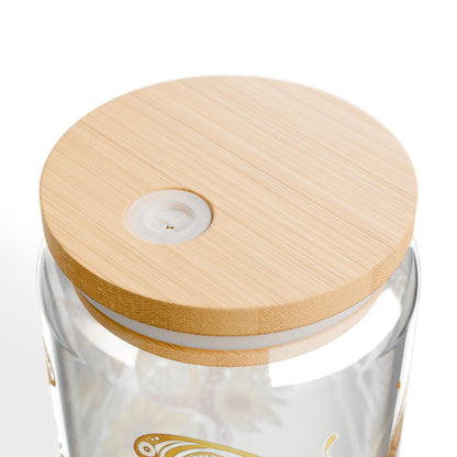 Butterfly Garden Sipper Glass - 16oz with Bamboo Lid, Gold Colored Butterfly with Flowers, Birthday Gift, Butterfly Gift, Butterfly Glassware