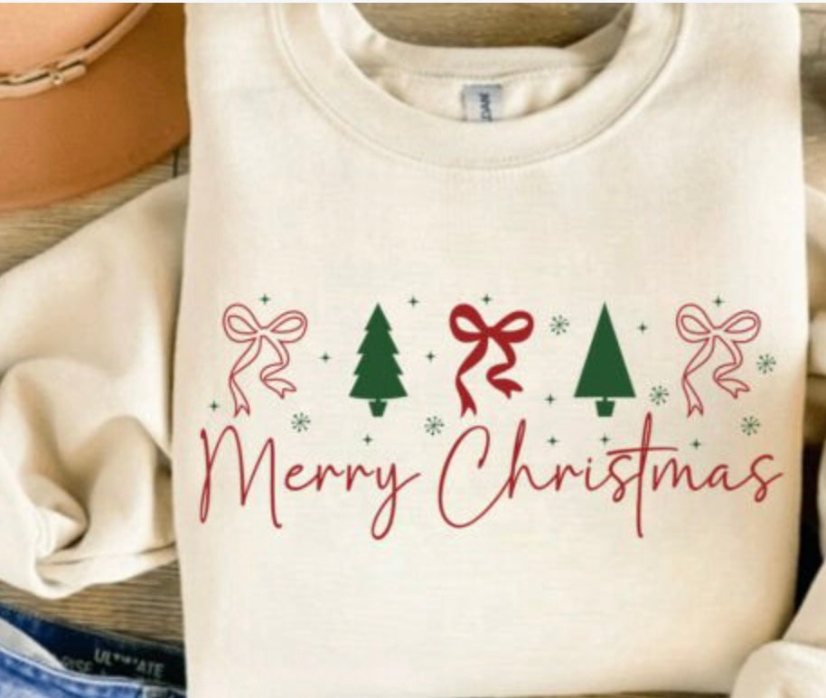 Merry Christmas With Bows and Christmas Trees Crewneck